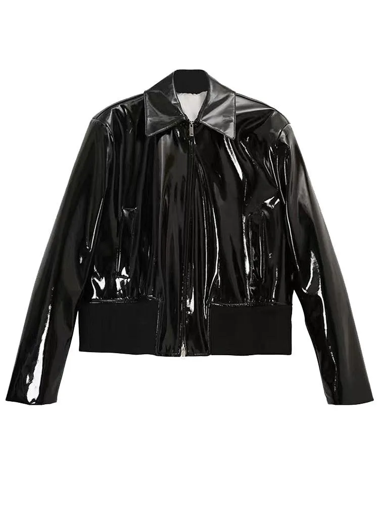 Loose Long Sleeve Black Patent Leather Jacket with Reflective Shiny Finish and Zipper