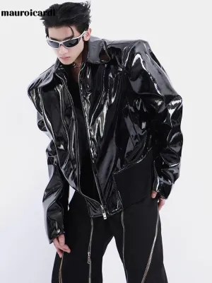 Loose Long Sleeve Black Patent Leather Jacket with Reflective Shiny Finish and Zipper