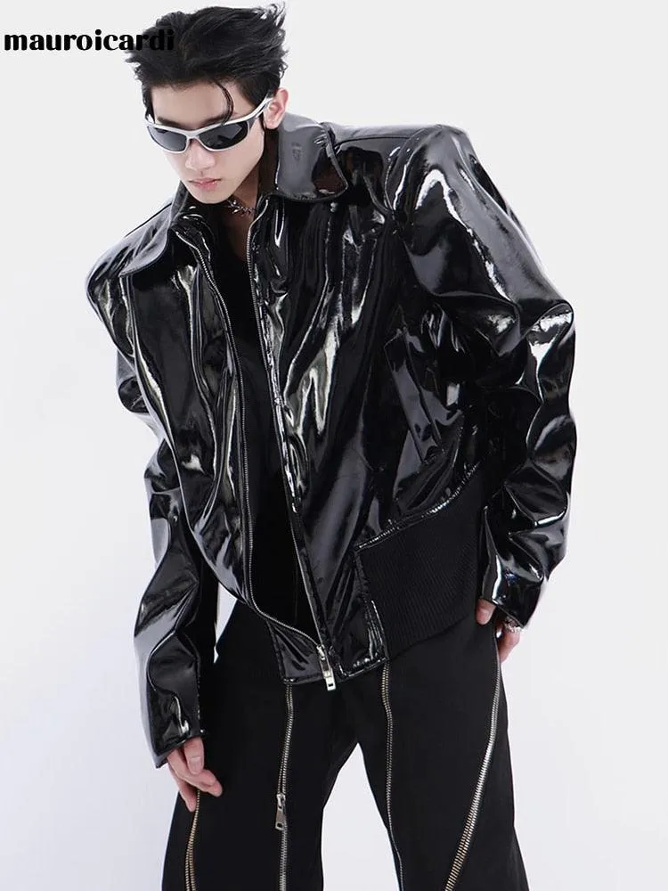 Loose Long Sleeve Black Patent Leather Jacket with Reflective Shiny Finish and Zipper