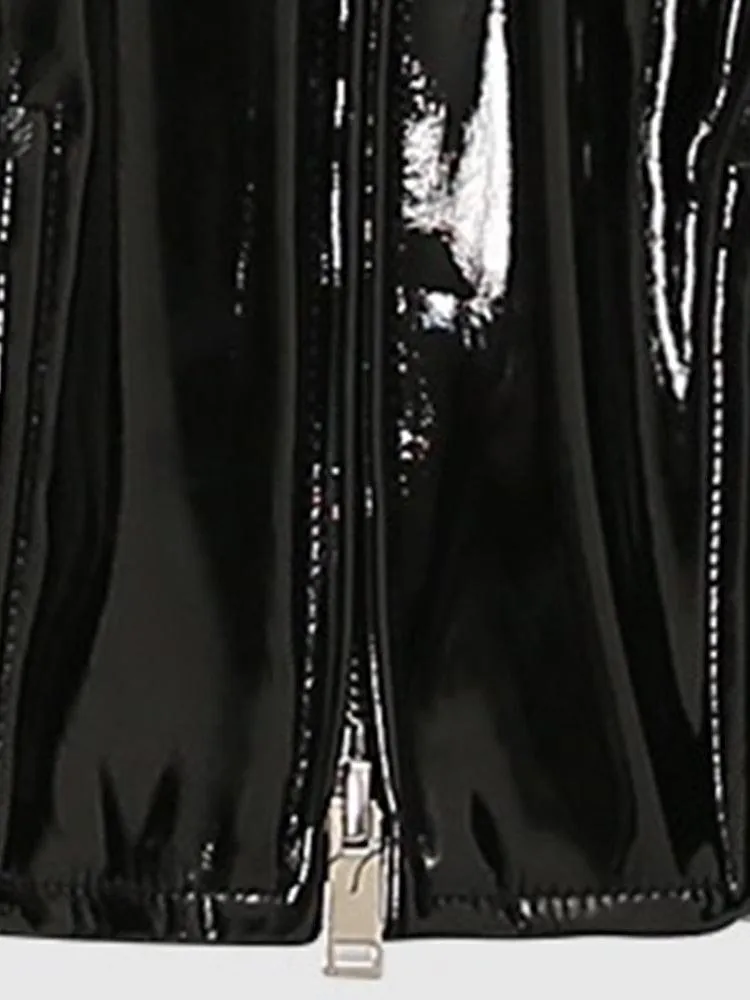 Loose Long Sleeve Black Patent Leather Jacket with Reflective Shiny Finish and Zipper