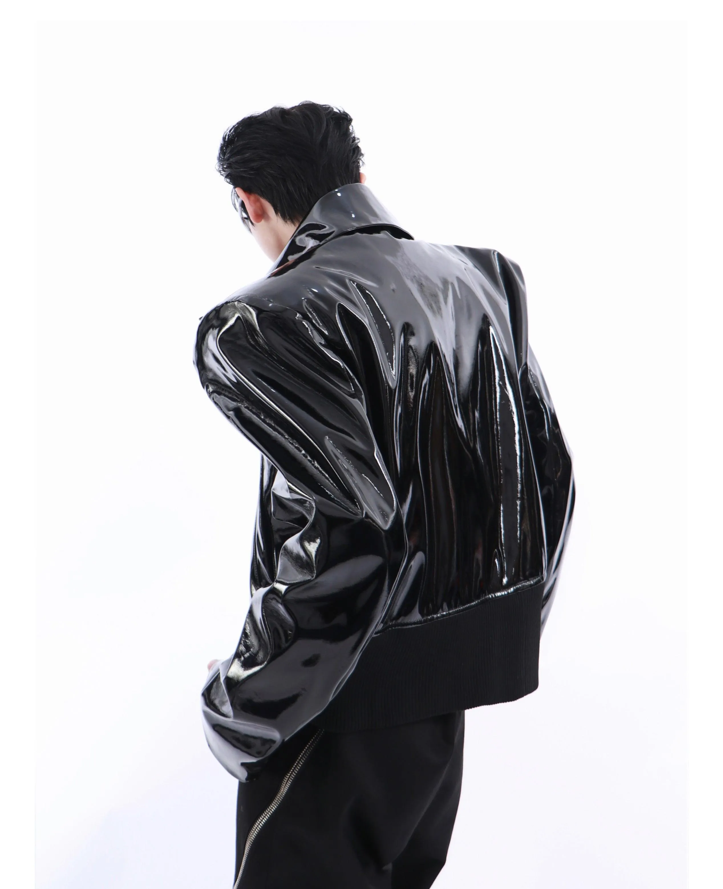 Loose Long Sleeve Black Patent Leather Jacket with Reflective Shiny Finish and Zipper