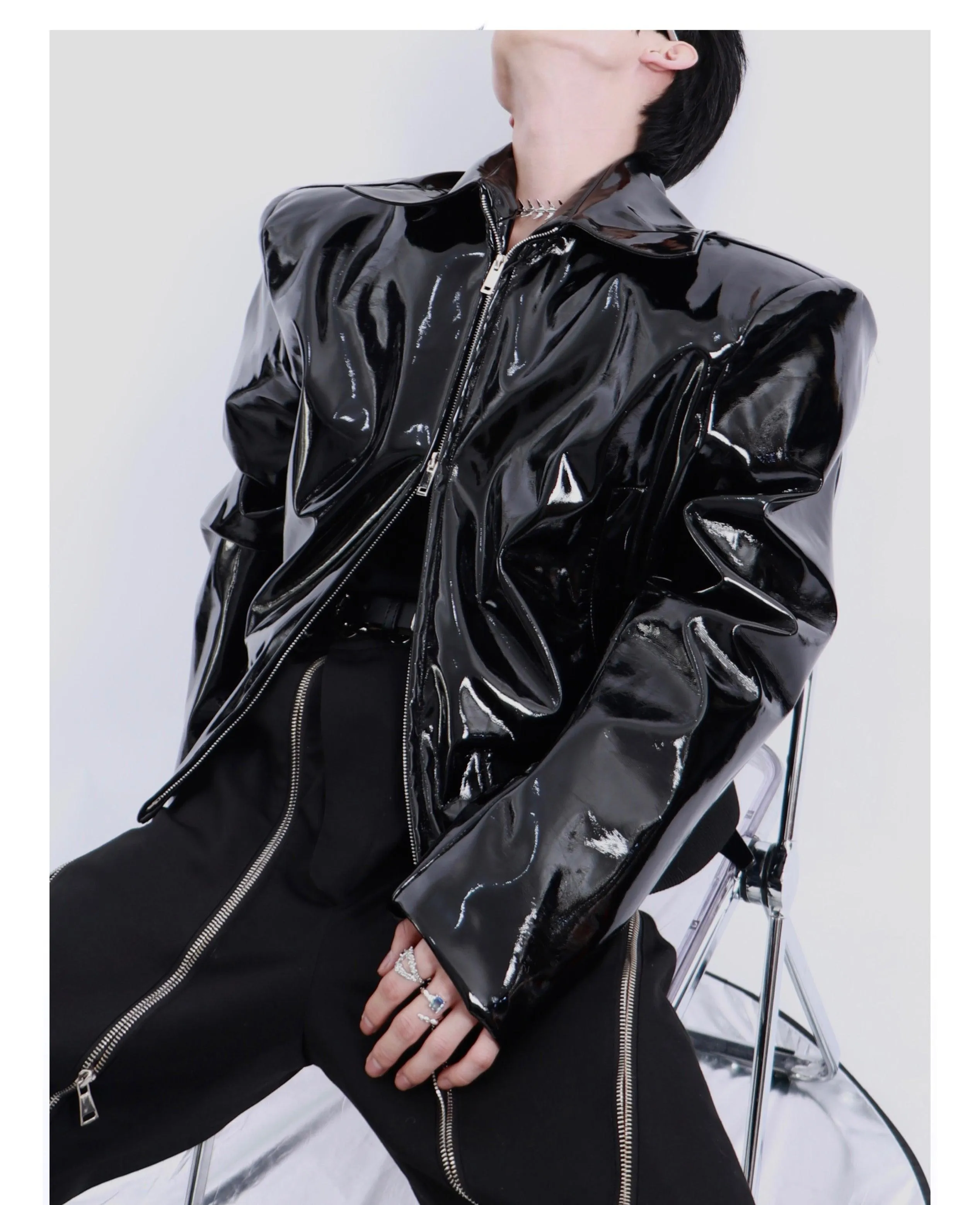 Loose Long Sleeve Black Patent Leather Jacket with Reflective Shiny Finish and Zipper