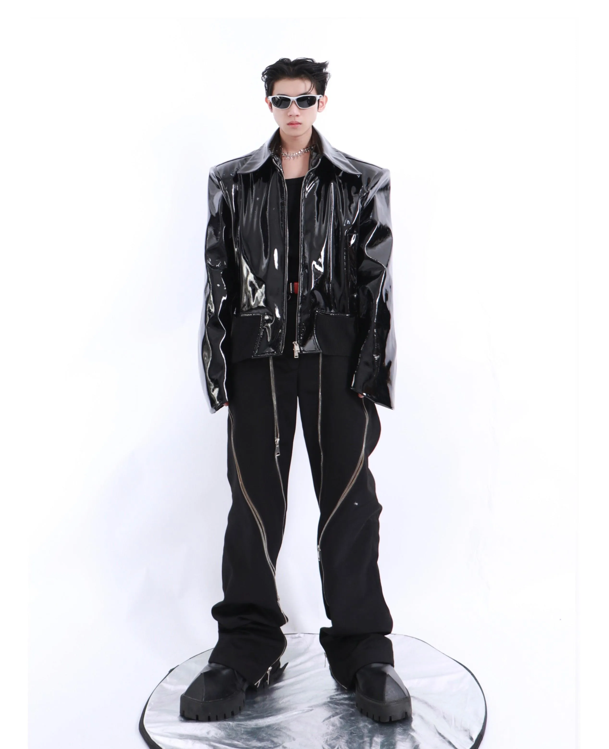 Loose Long Sleeve Black Patent Leather Jacket with Reflective Shiny Finish and Zipper
