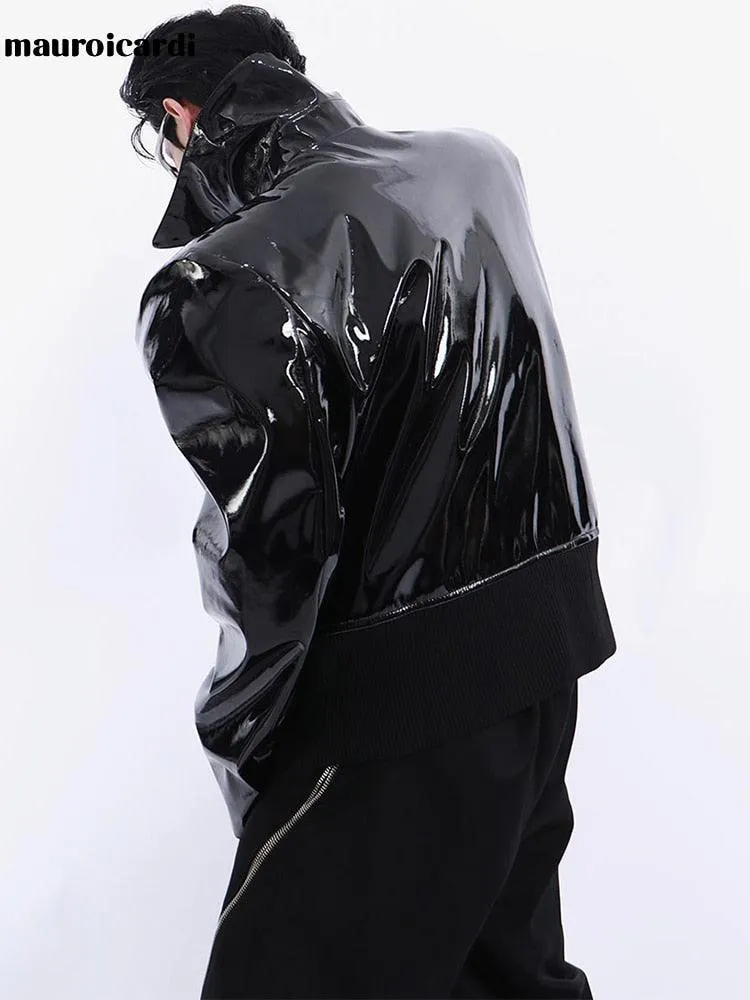 Loose Long Sleeve Black Patent Leather Jacket with Reflective Shiny Finish and Zipper