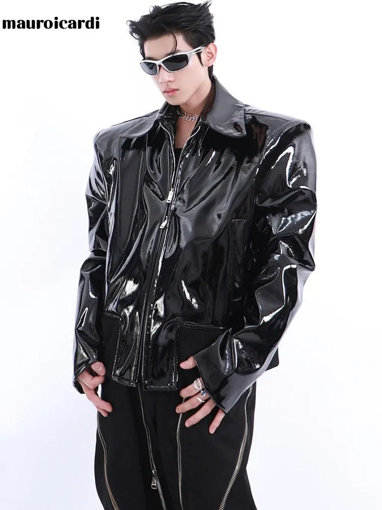 Loose Long Sleeve Black Patent Leather Jacket with Reflective Shiny Finish and Zipper