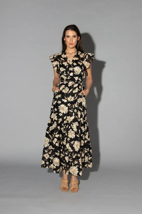 Lou Black Cream Dahlia SS Wrap Midi Dress