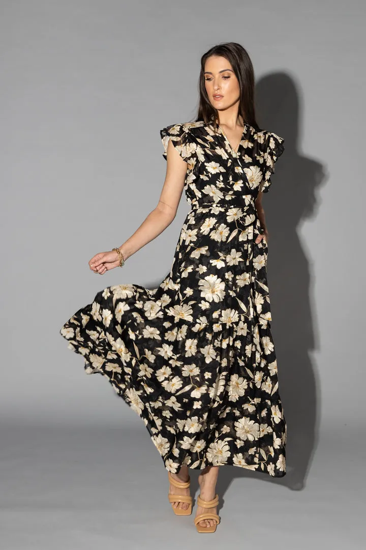Lou Black Cream Dahlia SS Wrap Midi Dress