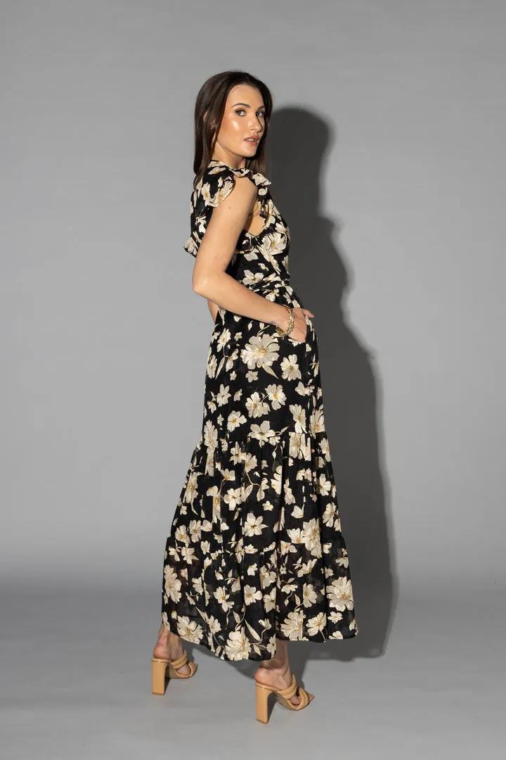 Lou Black Cream Dahlia SS Wrap Midi Dress