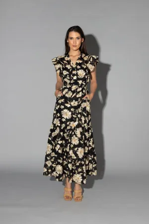 Lou Black Cream Dahlia SS Wrap Midi Dress