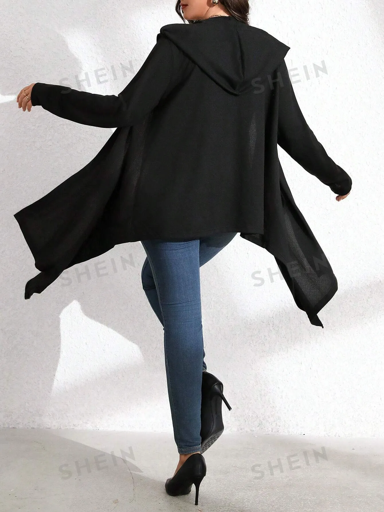 LUNE Plus Size Women Solid Color Knit Christmas Casual Asymmetrical Hem Long Sleeve Hoodie Jacket