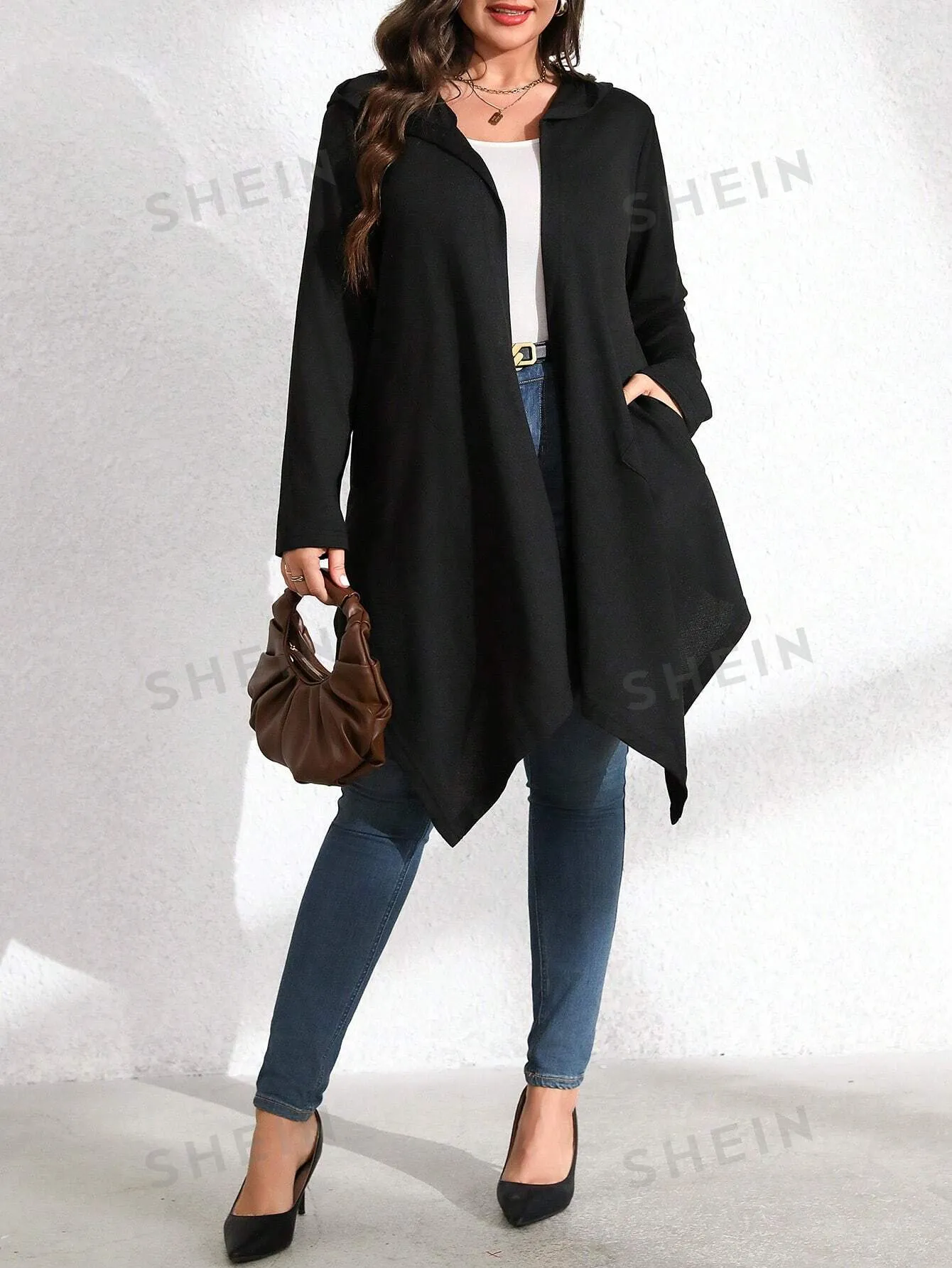 LUNE Plus Size Women Solid Color Knit Christmas Casual Asymmetrical Hem Long Sleeve Hoodie Jacket