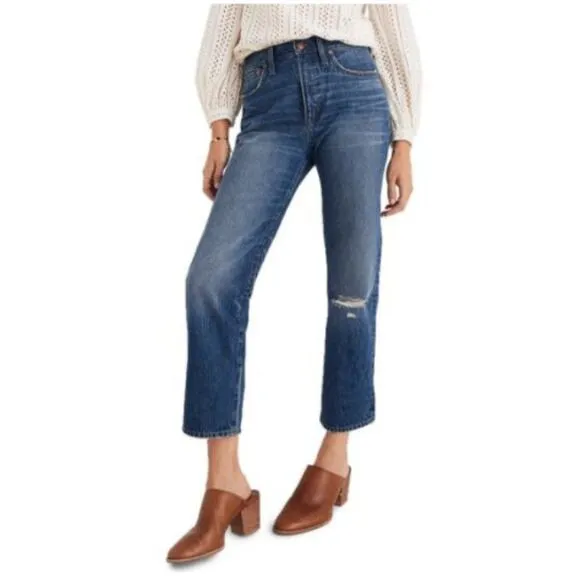 Madewell Classic Straight Jeans in Jade Wash Knee-Rip