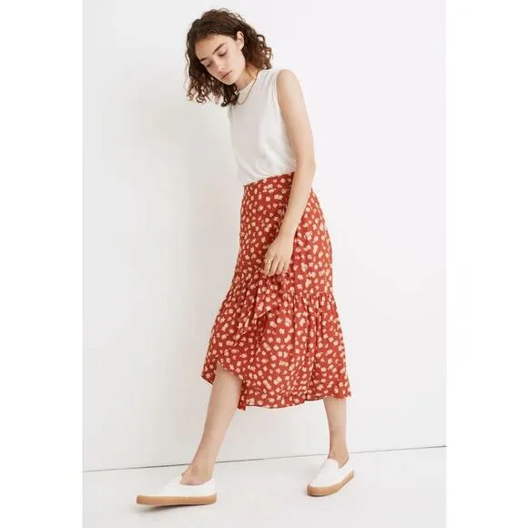 Madewell Ruffle-Wrap Midi Skirt in Happy Hibiscus size 2