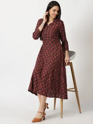 Maroon Abstract Print Shirt Collar Midi Dress