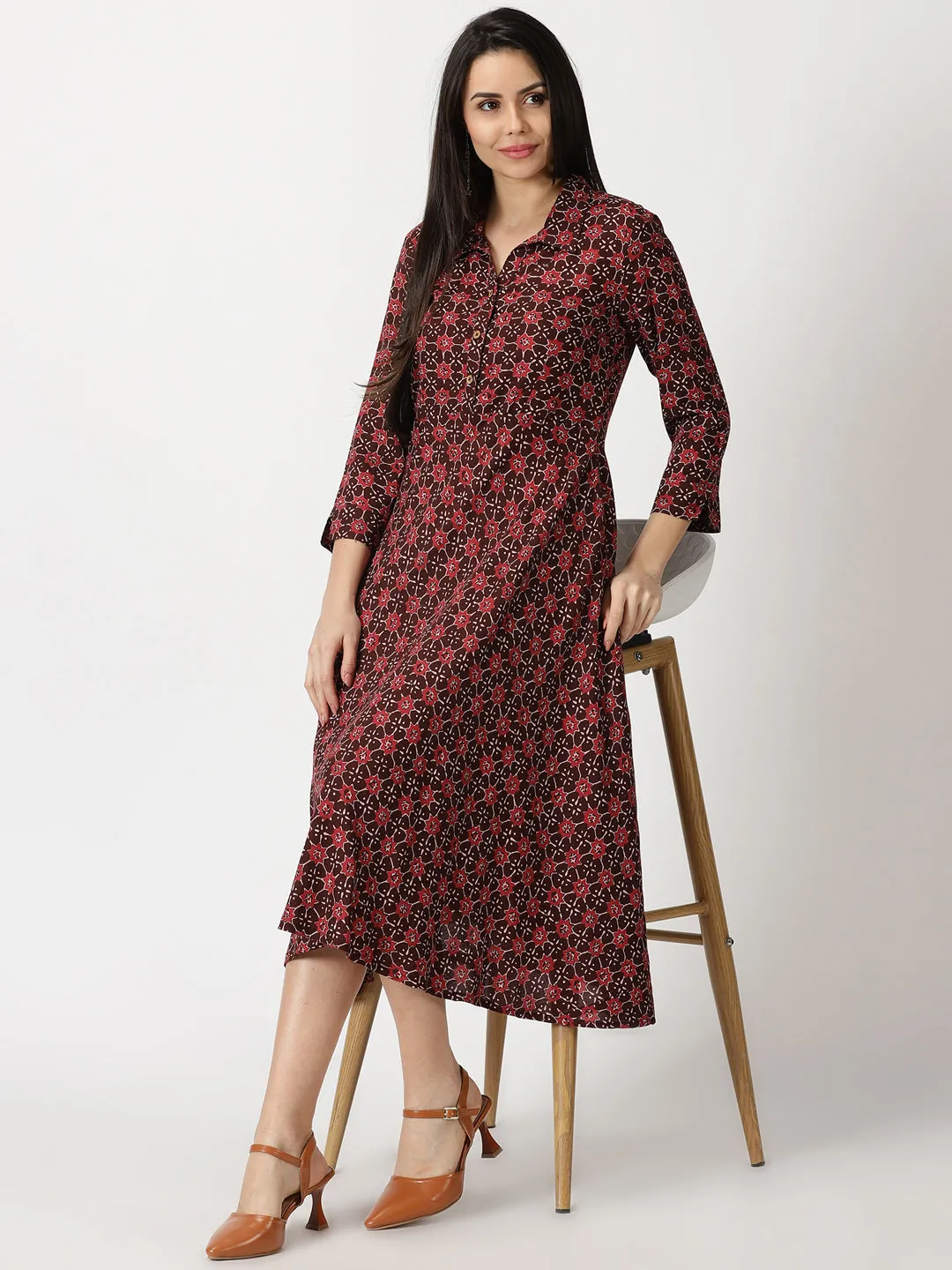 Maroon Abstract Print Shirt Collar Midi Dress