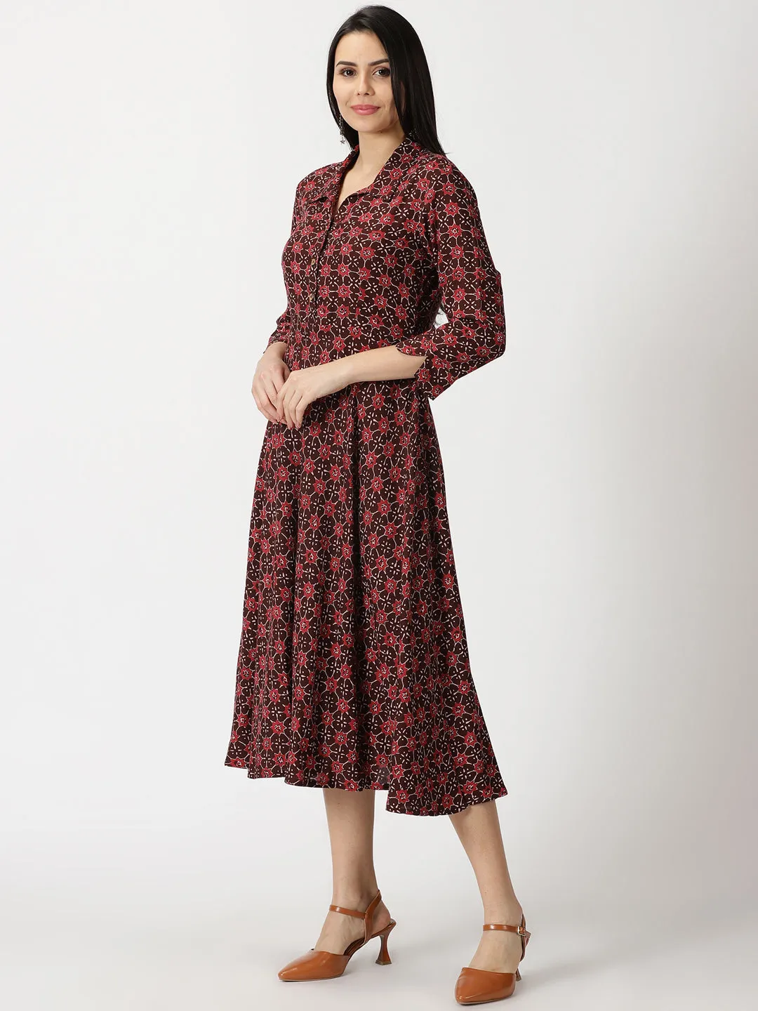 Maroon Abstract Print Shirt Collar Midi Dress