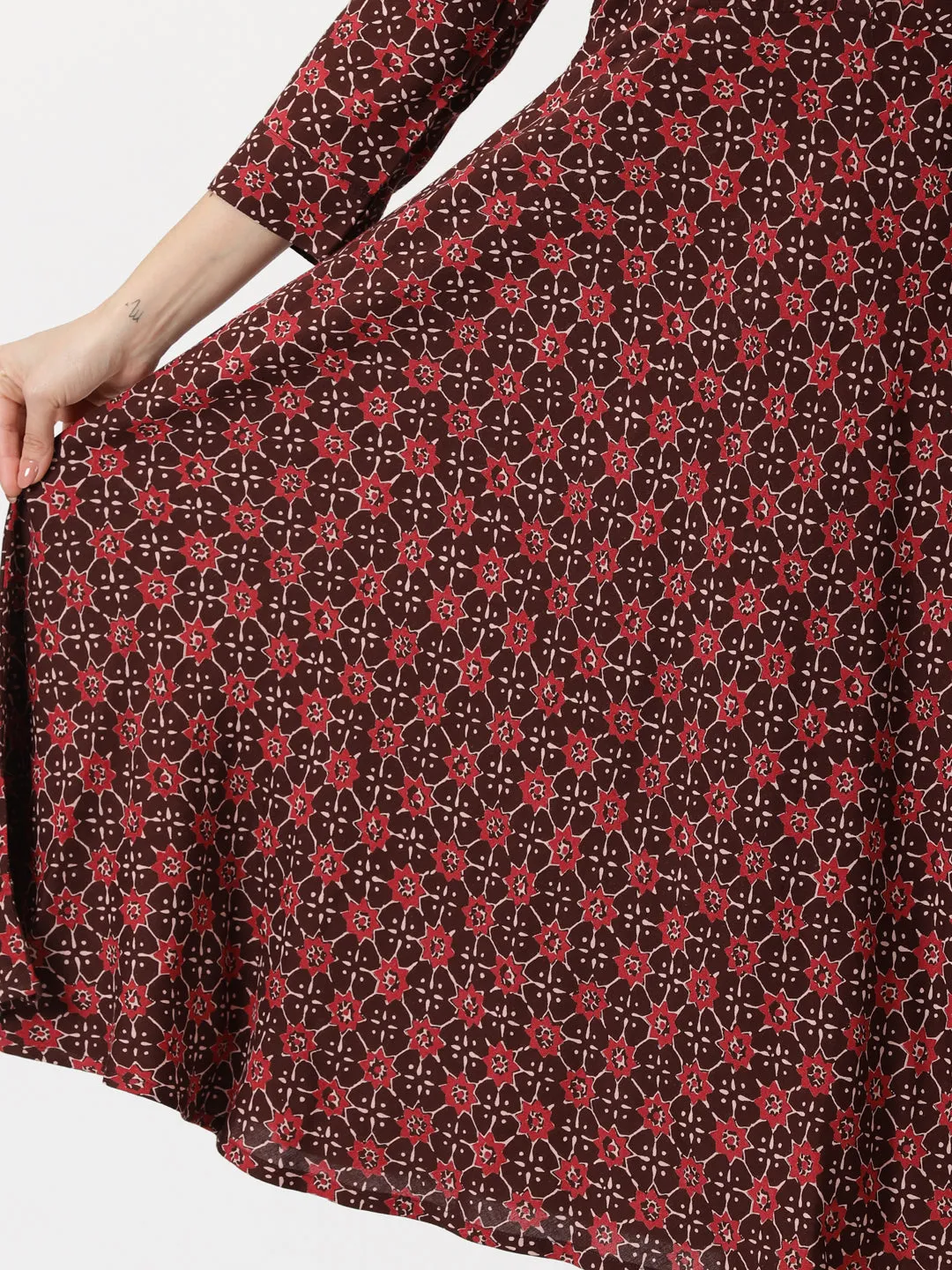 Maroon Abstract Print Shirt Collar Midi Dress