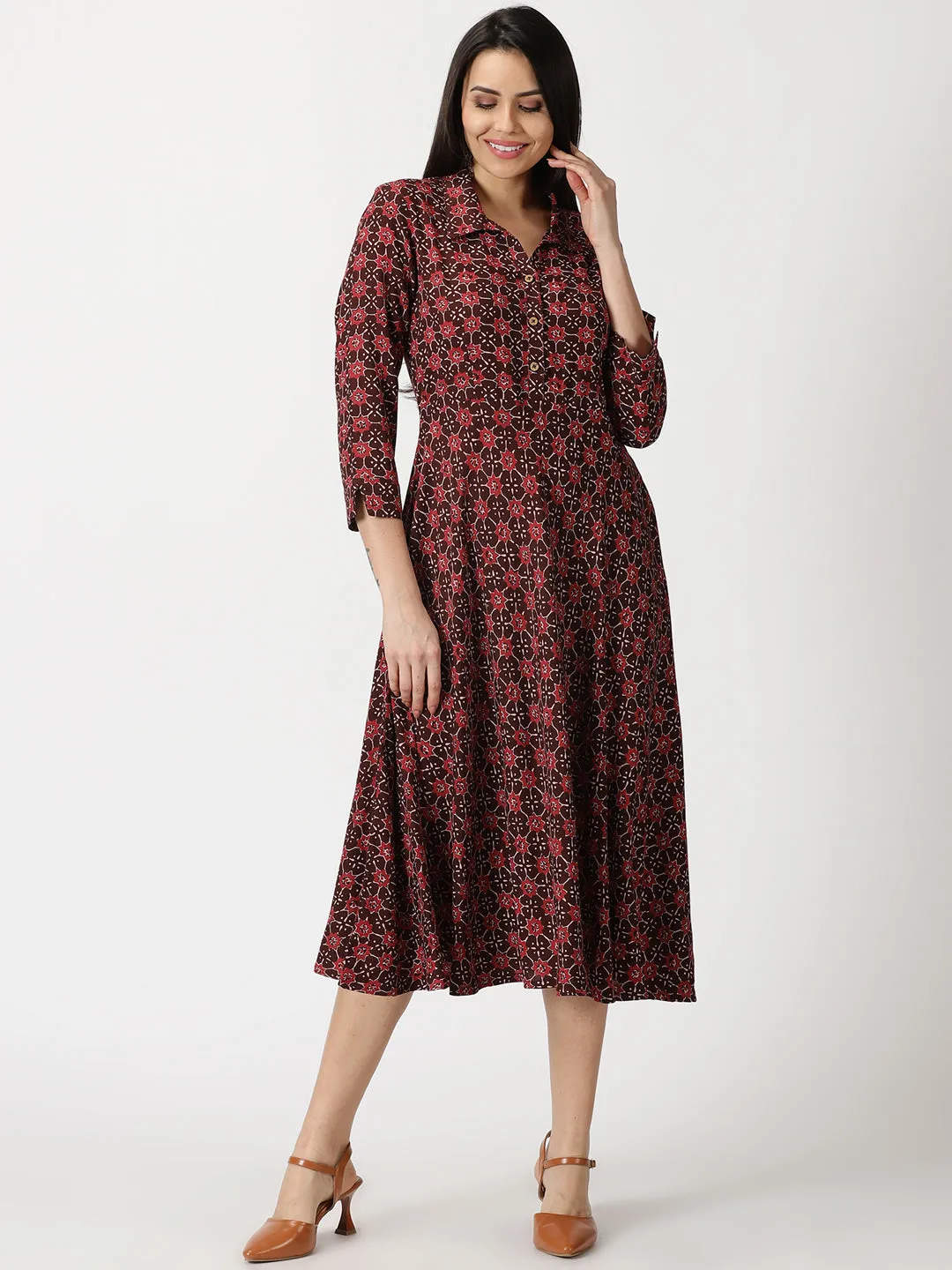 Maroon Abstract Print Shirt Collar Midi Dress