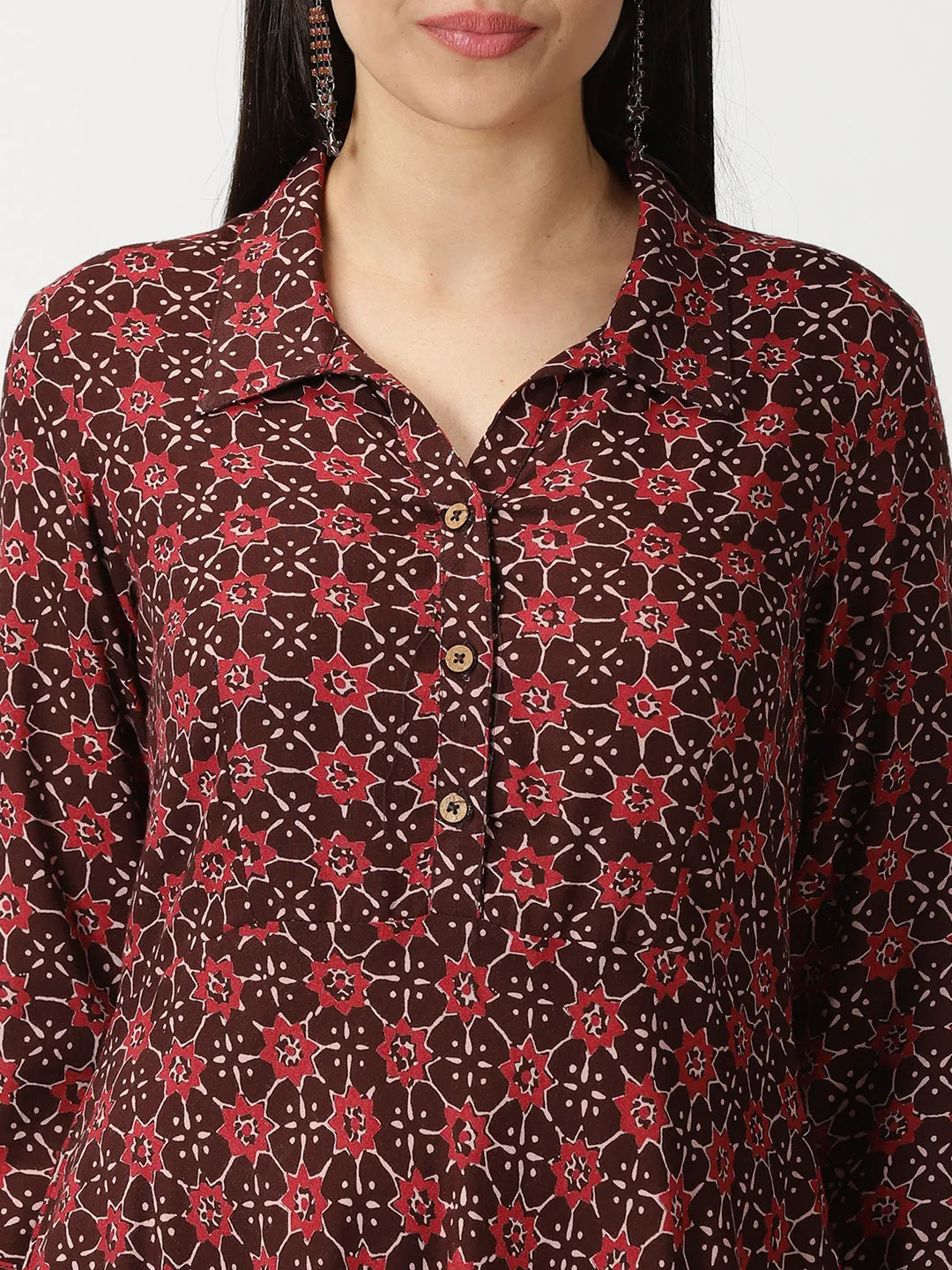 Maroon Abstract Print Shirt Collar Midi Dress
