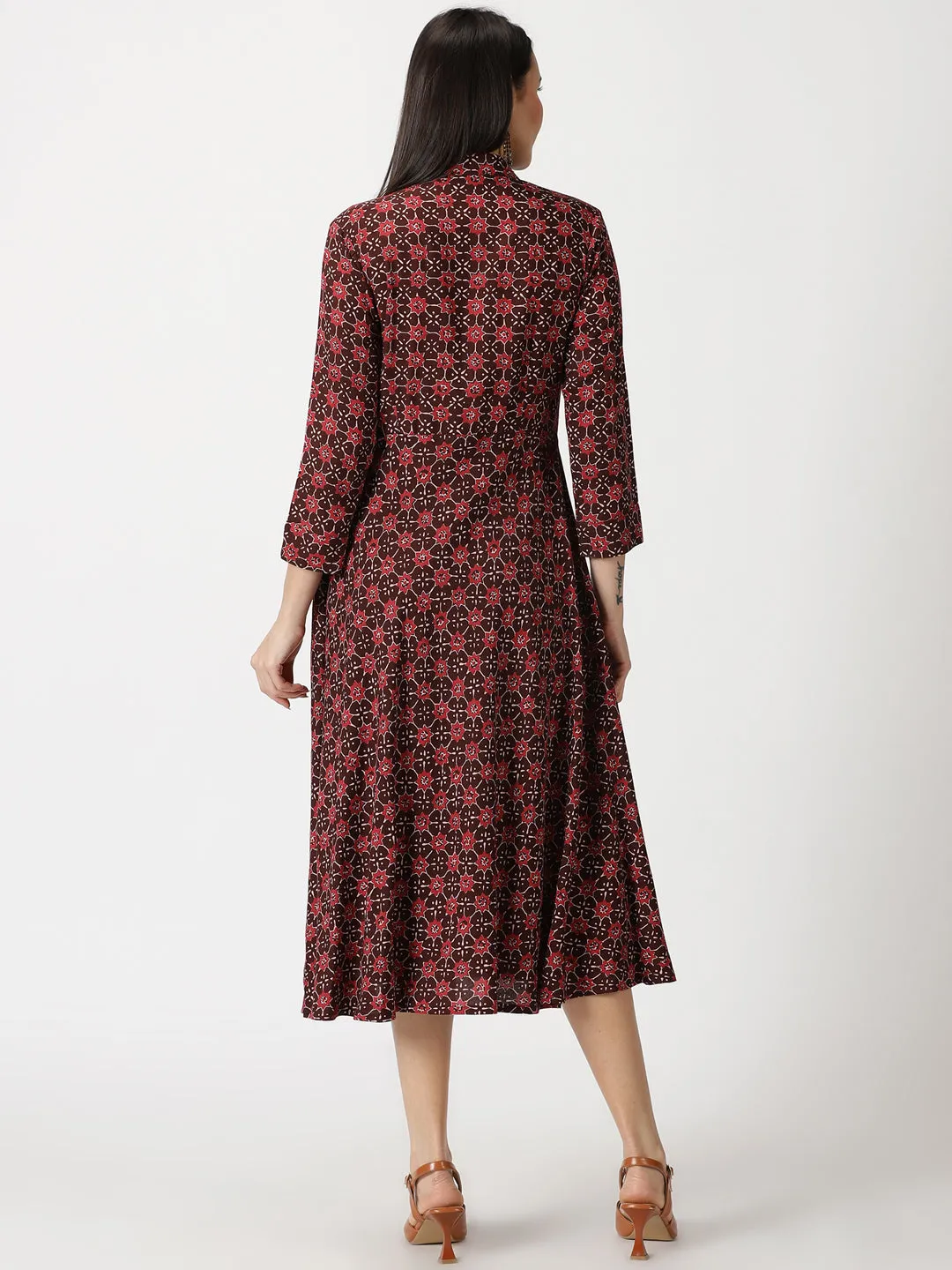 Maroon Abstract Print Shirt Collar Midi Dress