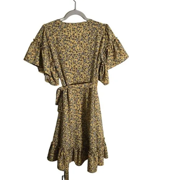 Max Studio NWT Yellow Crepe High Low Floral Midi Wrap Dress Size M