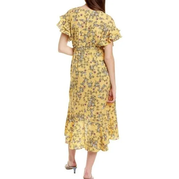 Max Studio NWT Yellow Crepe High Low Floral Midi Wrap Dress Size M