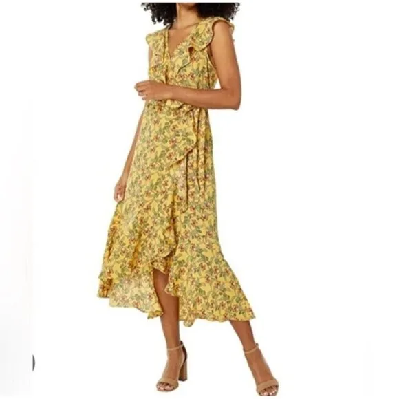 Max Studio NWT Yellow Crepe High Low Floral Midi Wrap Dress Size M
