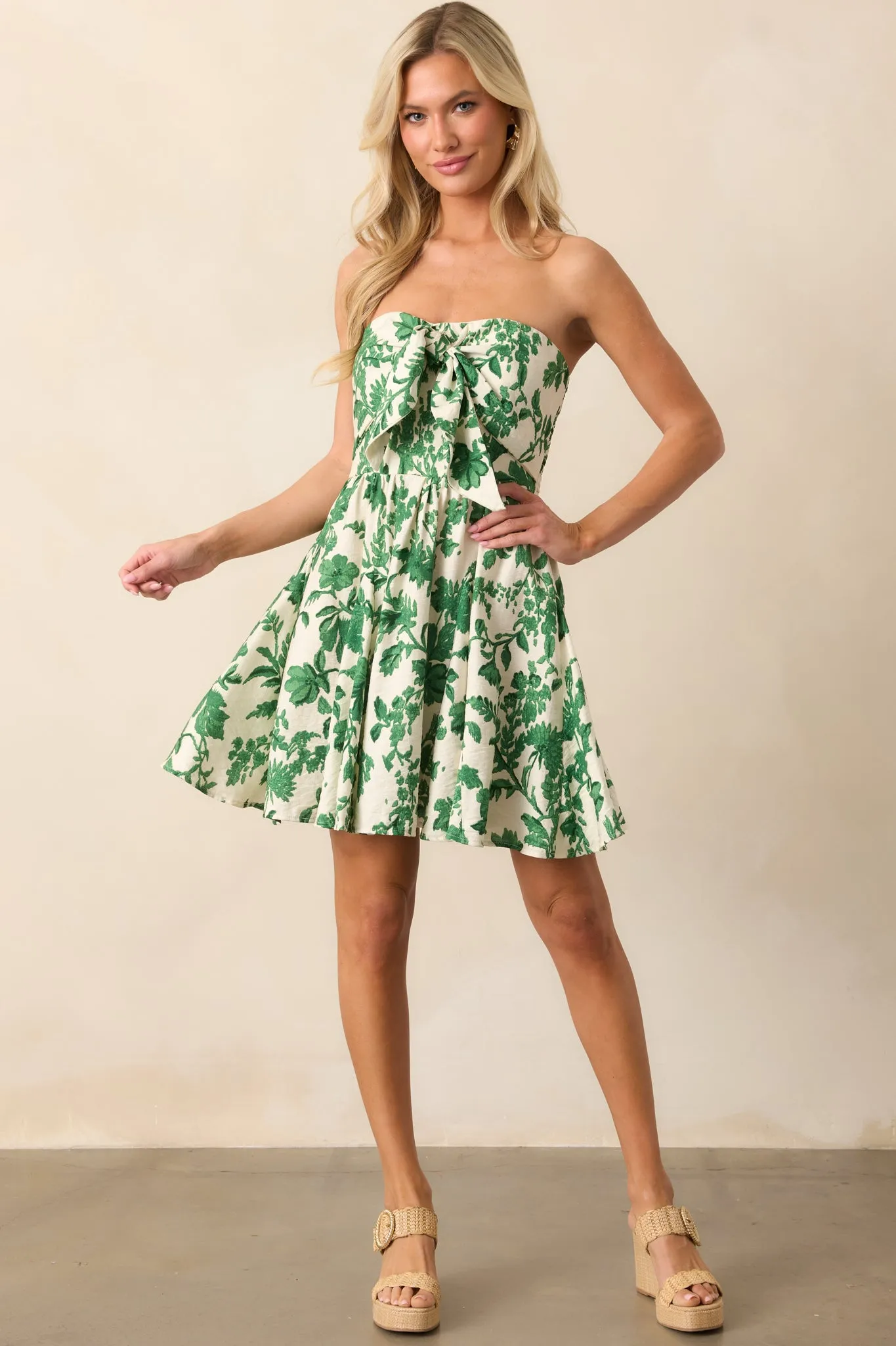 Mediterranean Coast Green Floral Strapless Mini Dress