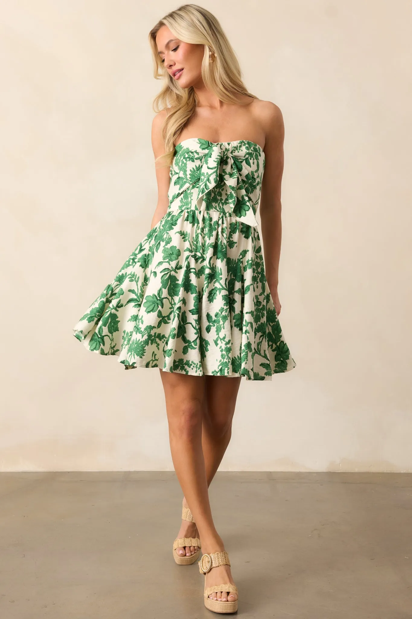 Mediterranean Coast Green Floral Strapless Mini Dress
