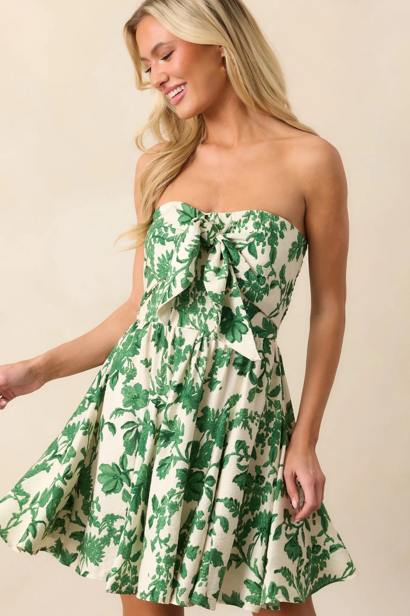 Mediterranean Coast Green Floral Strapless Mini Dress