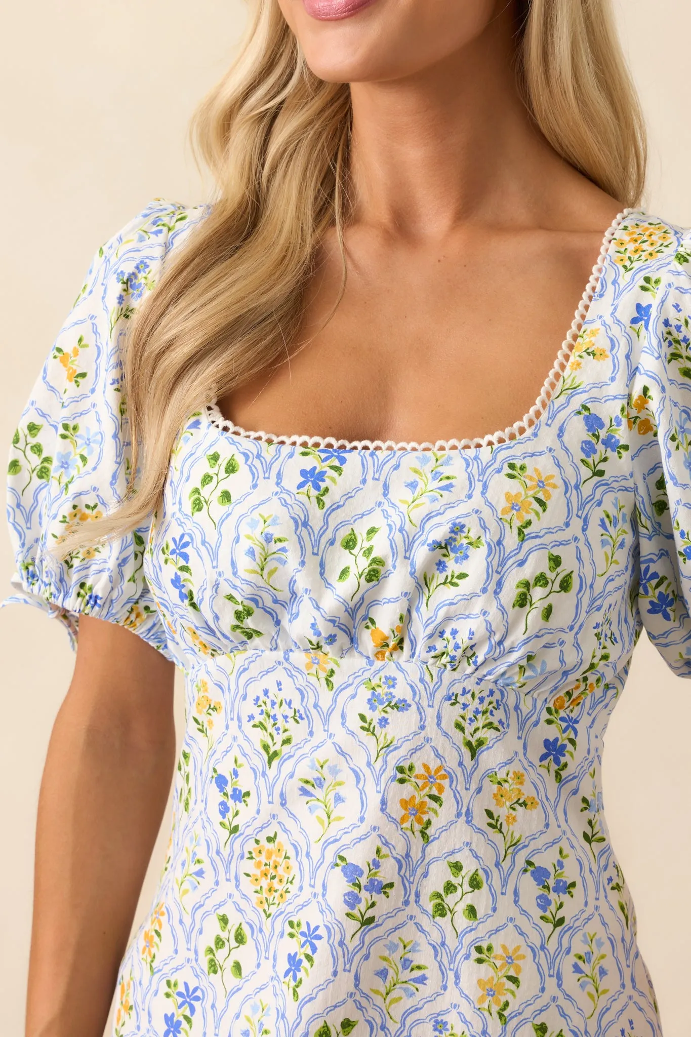 MINKPINK Light Blue Floral Meadow Puff Sleeve Mini Dress