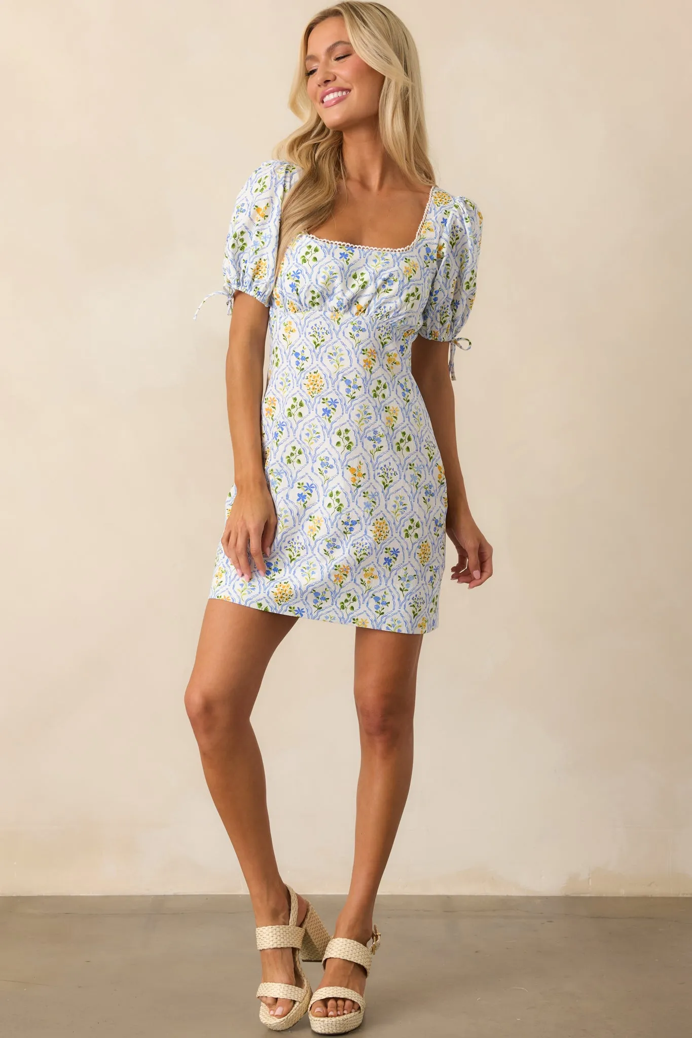 MINKPINK Light Blue Floral Meadow Puff Sleeve Mini Dress