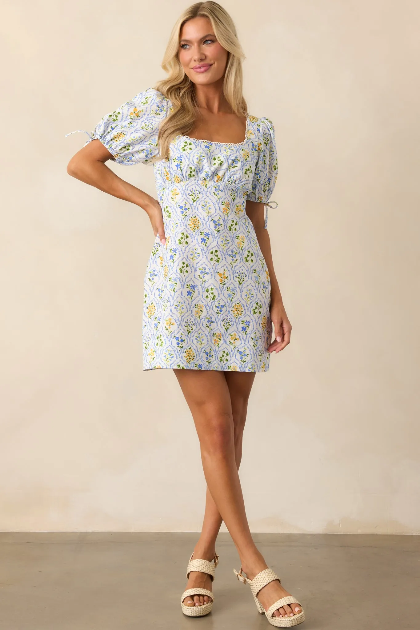 MINKPINK Light Blue Floral Meadow Puff Sleeve Mini Dress