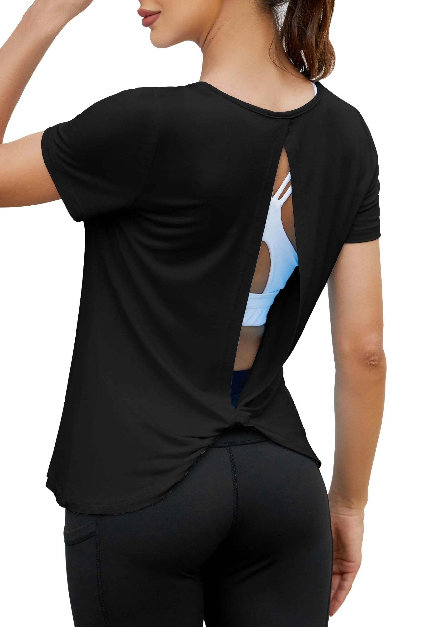 Mippo Backless Workout Top Open Back Shirts Short Sleeve Athletic Yoga Gym Exercise Tees Soft Pilates Hiking Tennis Sports Running Clothes for Women, Black S