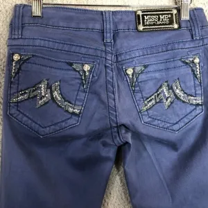 Miss Me Distressed Cobalt Blue Bling Pocket Skinny Jeans Women's Size 27