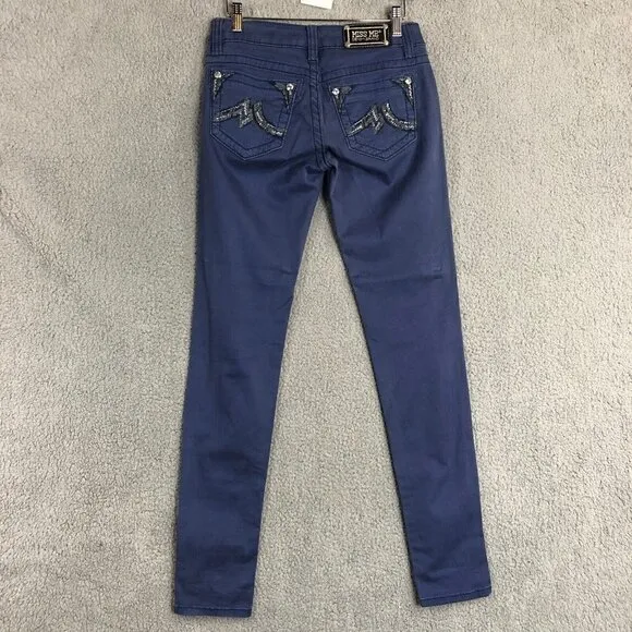 Miss Me Distressed Cobalt Blue Bling Pocket Skinny Jeans Women's Size 27
