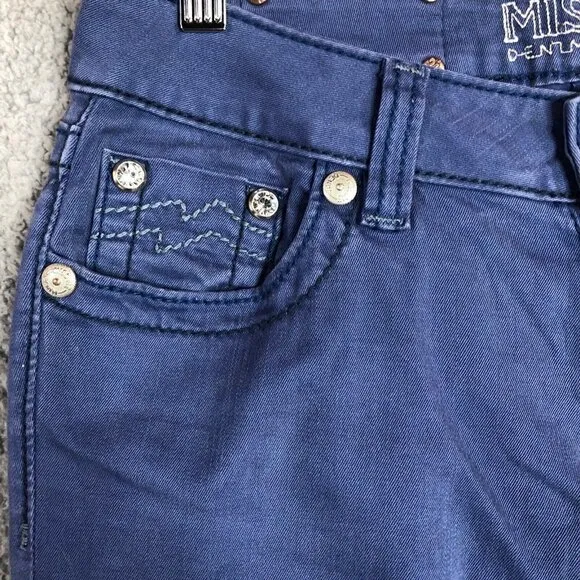 Miss Me Distressed Cobalt Blue Bling Pocket Skinny Jeans Women's Size 27