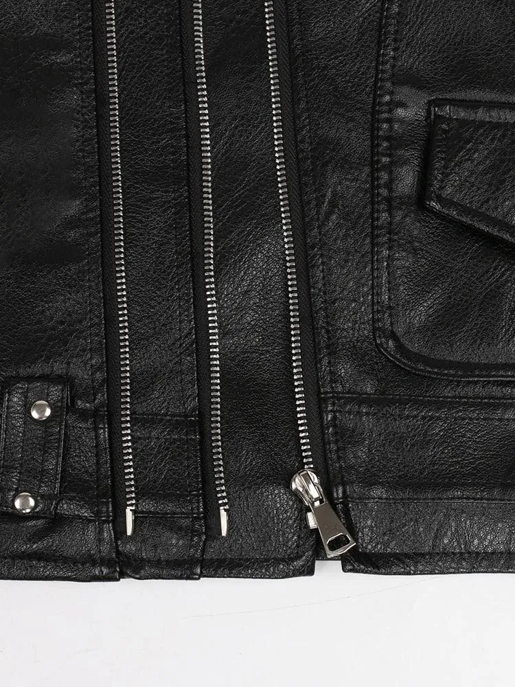 Motorcycle Style PU Leather Sleeveless Vest for Men with Zipper Pockets