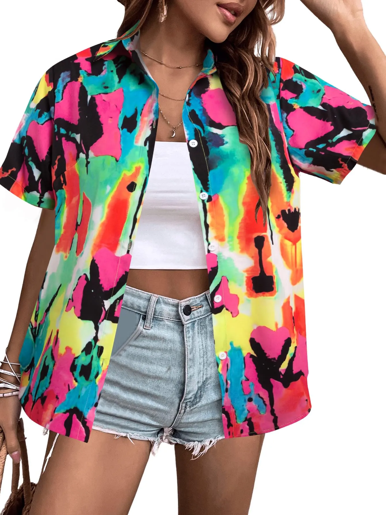 MYHALF Women Hawaiian Shirt Soft Cool Summer Hawaii Shirts Floral Tropic Print V Neck T-Shirt Short Sleeve Button Up Tops