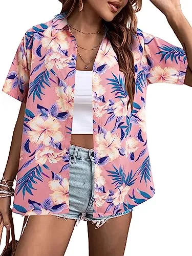 MYHALF Women Hawaiian Shirt Soft Cool Summer Hawaii Shirts Floral Tropic Print V Neck T-Shirt Short Sleeve Button Up Tops