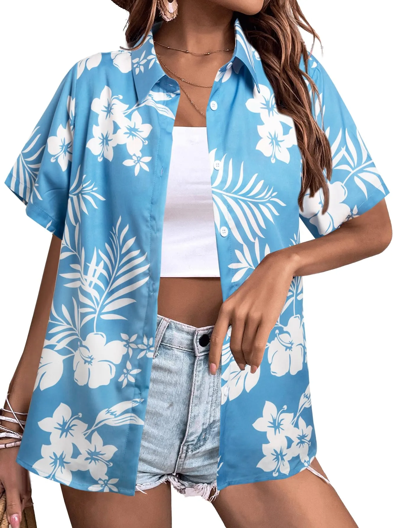 MYHALF Women Hawaiian Shirt Soft Cool Summer Hawaii Shirts Floral Tropic Print V Neck T-Shirt Short Sleeve Button Up Tops