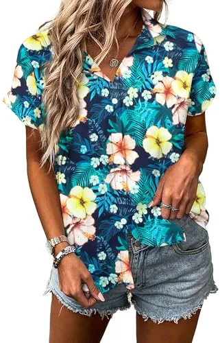 MYHALF Women Hawaiian Shirt Soft Cool Summer Hawaii Shirts Floral Tropic Print V Neck T-Shirt Short Sleeve Button Up Tops
