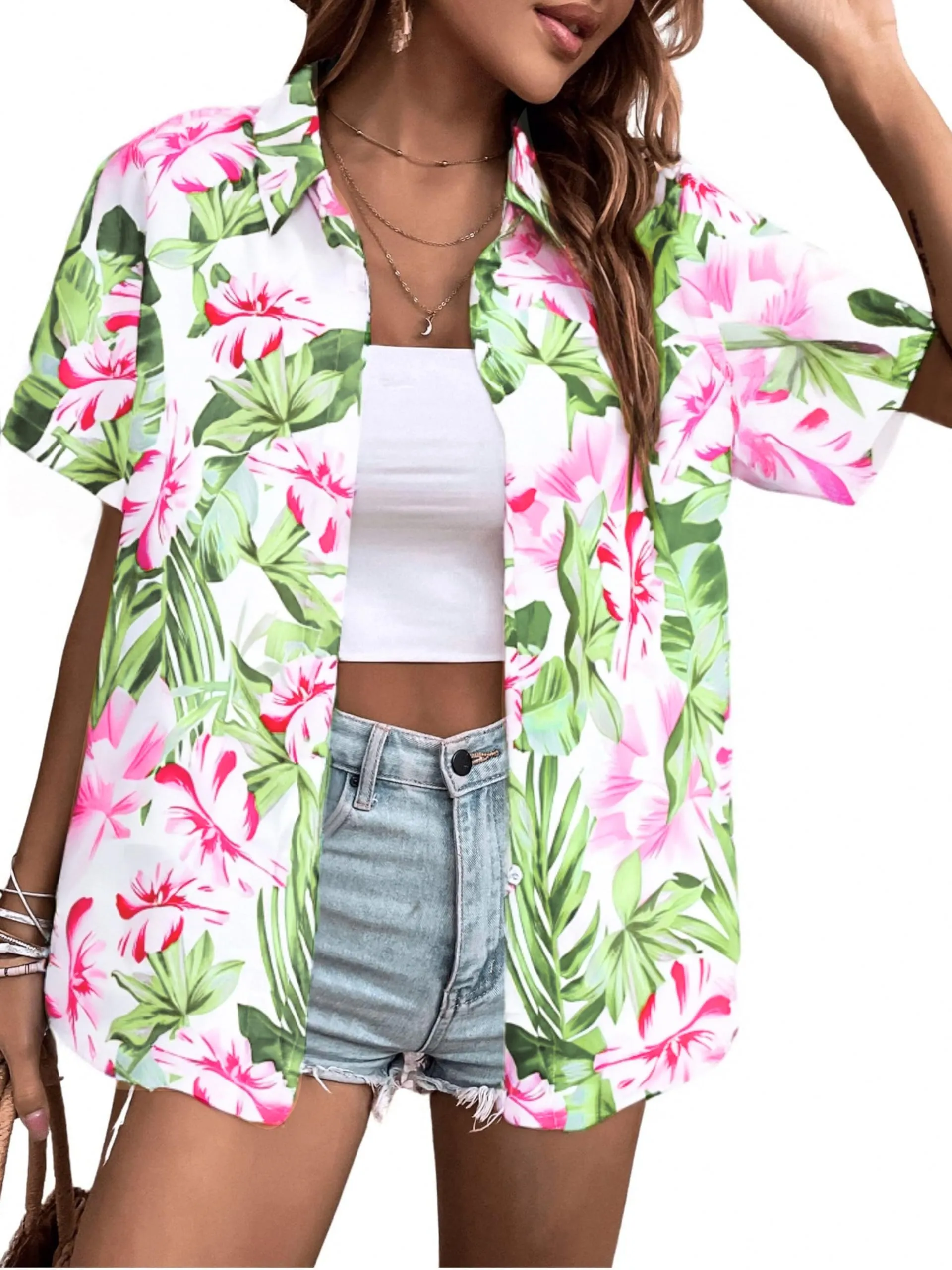 MYHALF Women Hawaiian Shirt Soft Cool Summer Hawaii Shirts Floral Tropic Print V Neck T-Shirt Short Sleeve Button Up Tops