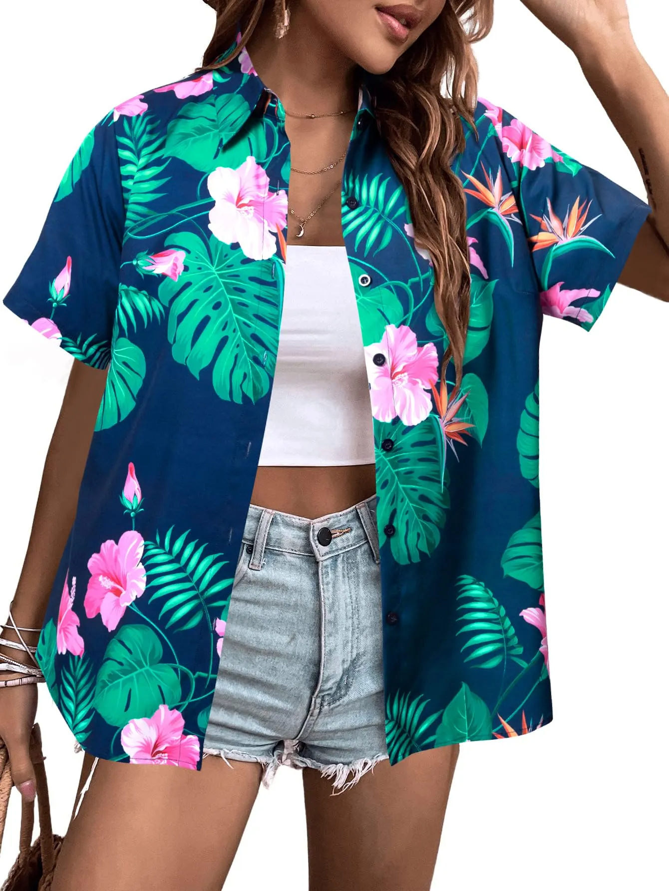 MYHALF Women Hawaiian Shirt Soft Cool Summer Hawaii Shirts Floral Tropic Print V Neck T-Shirt Short Sleeve Button Up Tops