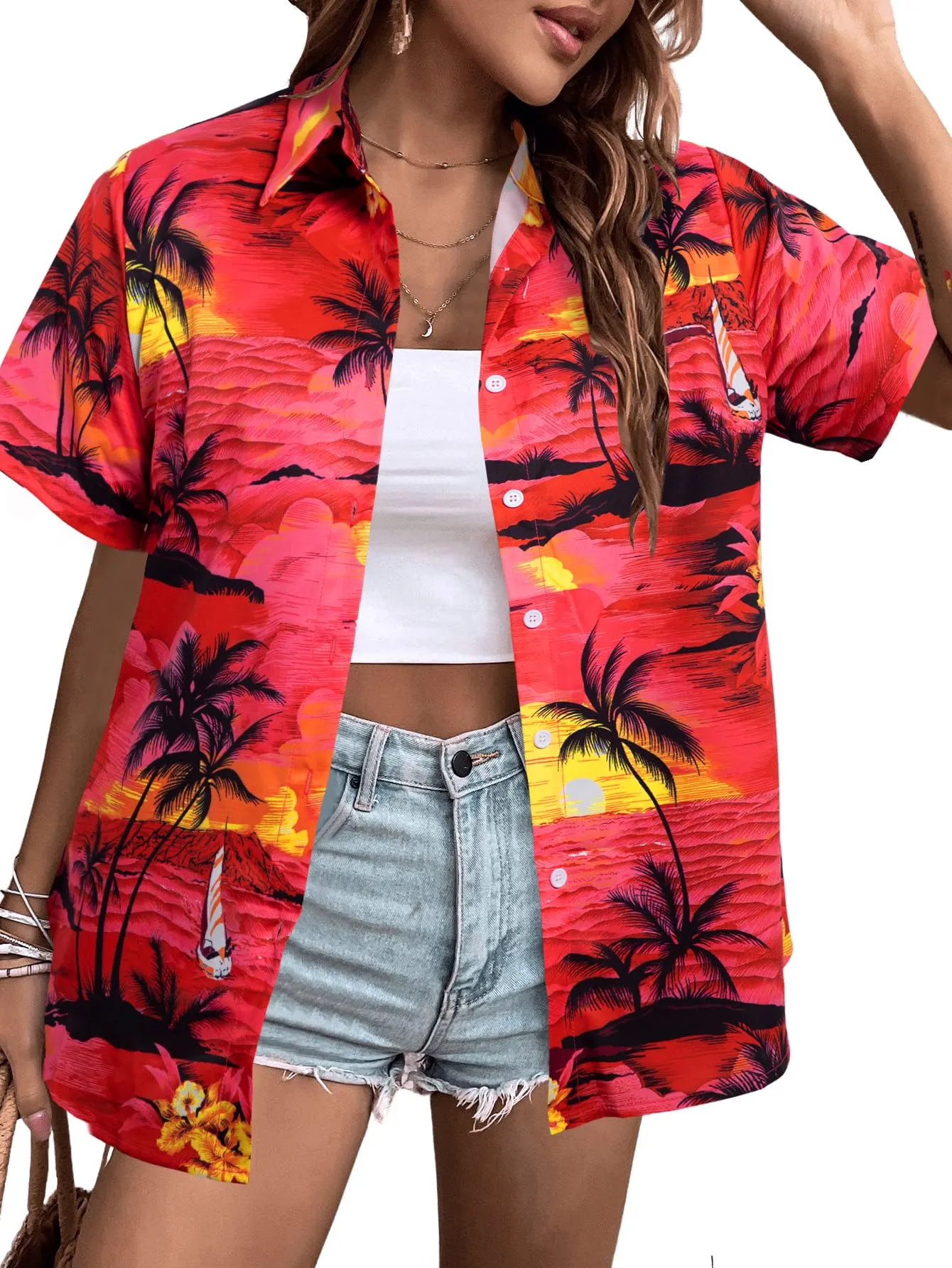 MYHALF Women Hawaiian Shirt Soft Cool Summer Hawaii Shirts Floral Tropic Print V Neck T-Shirt Short Sleeve Button Up Tops