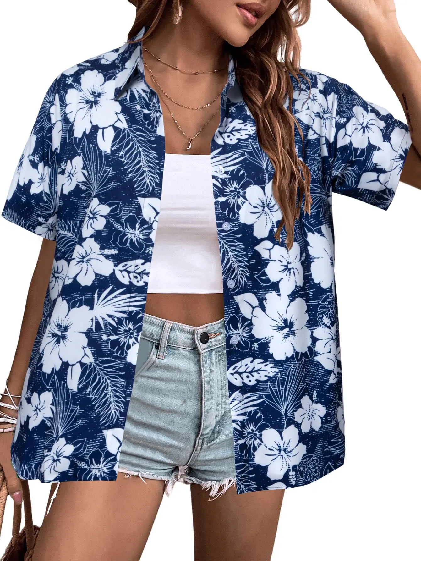 MYHALF Women Hawaiian Shirt Soft Cool Summer Hawaii Shirts Floral Tropic Print V Neck T-Shirt Short Sleeve Button Up Tops