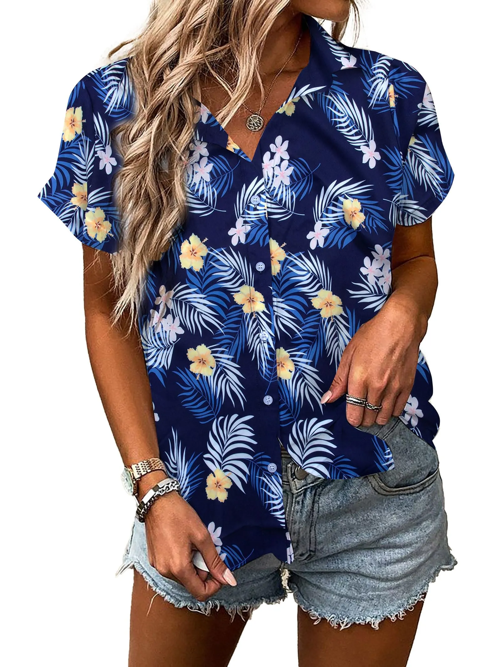 MYHALF Women Hawaiian Shirt Soft Cool Summer Hawaii Shirts Floral Tropic Print V Neck T-Shirt Short Sleeve Button Up Tops