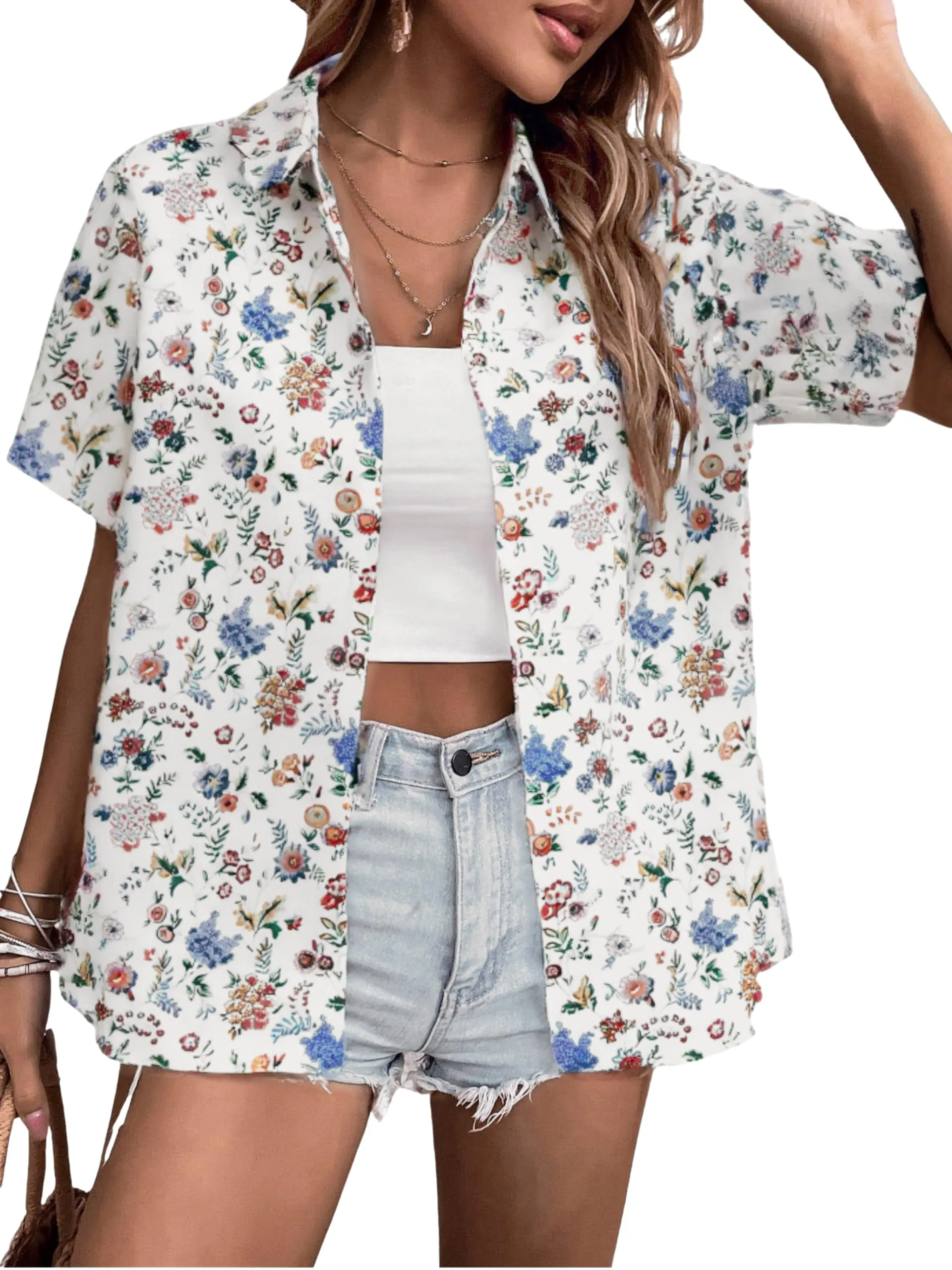MYHALF Women Hawaiian Shirt Soft Cool Summer Hawaii Shirts Floral Tropic Print V Neck T-Shirt Short Sleeve Button Up Tops