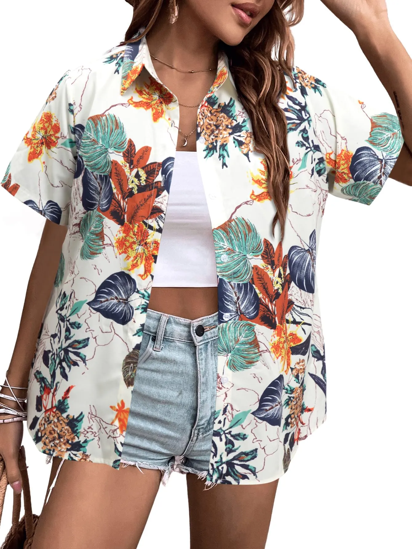 MYHALF Women Hawaiian Shirt Soft Cool Summer Hawaii Shirts Floral Tropic Print V Neck T-Shirt Short Sleeve Button Up Tops
