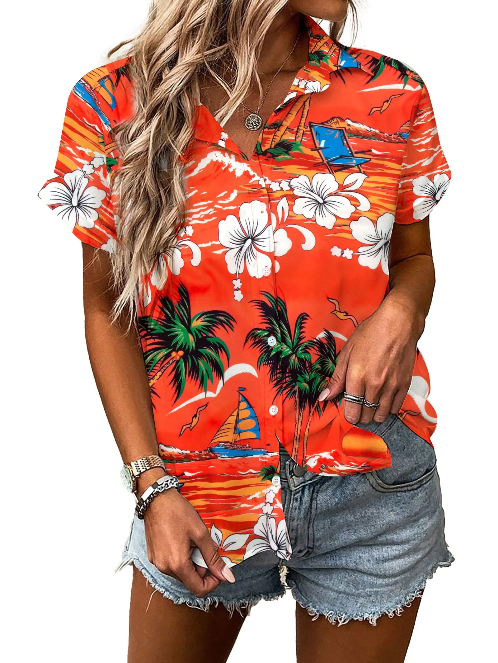 MYHALF Women Hawaiian Shirt Soft Cool Summer Hawaii Shirts Floral Tropic Print V Neck T-Shirt Short Sleeve Button Up Tops